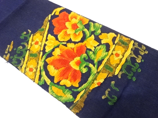 アンティーク　手織り真綿紬　花唐草模様織り出し名古屋帯